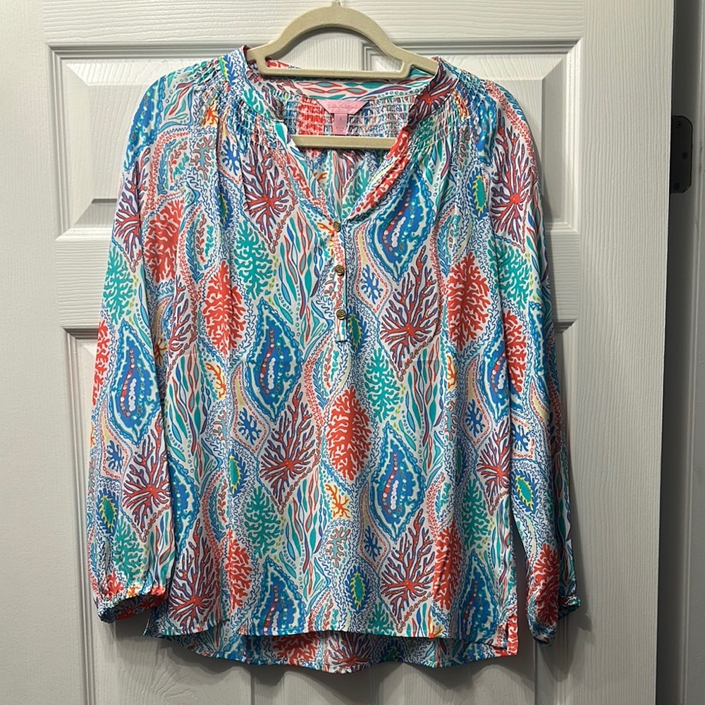 Lilly Pulitzer Blue and Pink 3/4 Sleeve Relaxed Blouse